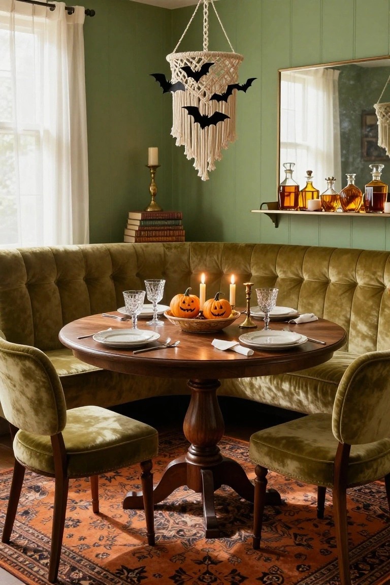 Green tufted velvet booth seating in a corner around a round wooden table set with white plates, crystal glassware, carved pumpkins, and candles on green walls with Halloween bat decorations.
