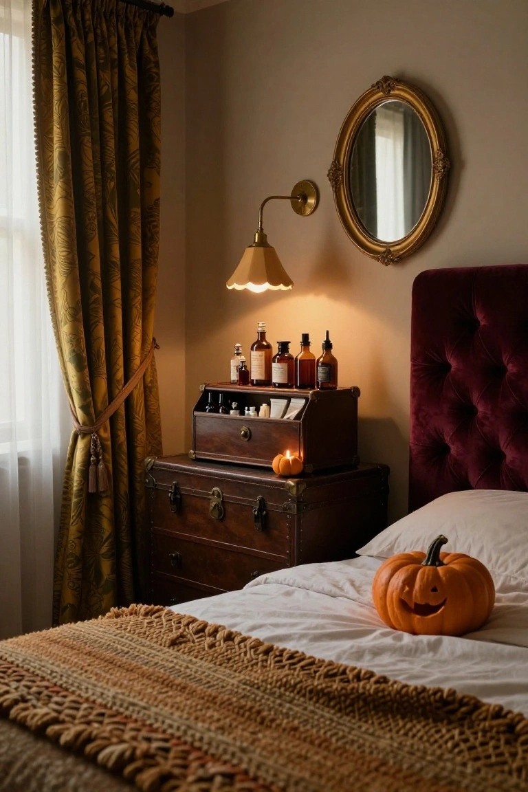 Bedroom corner showing a velvet-tufted headboard bed with white sheets, orange throw, and carved pumpkin, beside a wooden apothecary box holding glass bottles and vials, gold mirror on wall, and yellow lamp.