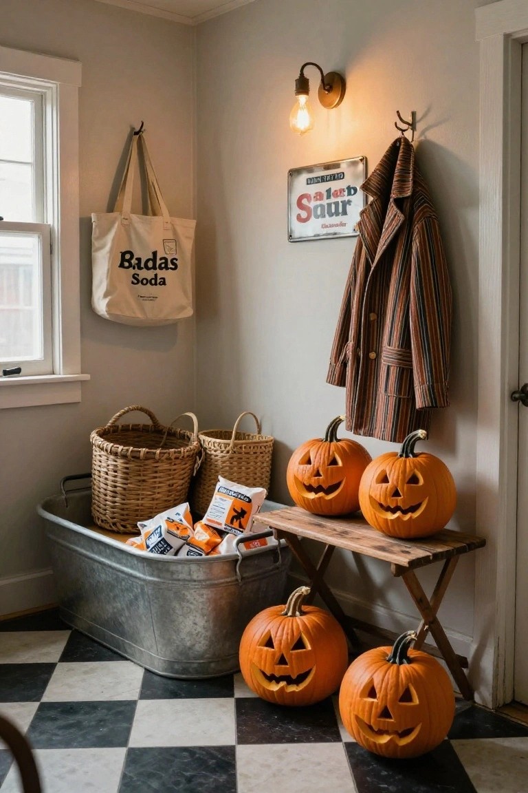 Indoor room corner featuring a large galvanized metal tub filled with carved pumpkins and snack bags, flanked by wicker baskets, with additional jack-o-lanterns on a wooden bench, a hanging coat, canvas tote bag, and vintage soda sign on beige walls with black-and-white checkered floor.