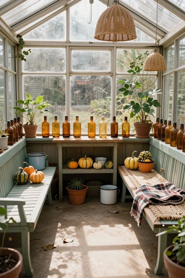 Greenhouse interior with mint green wooden benches, amber glass bottles on shelves and windowsills, assorted pumpkins on benches and shelves, potted plants, woven hanging lamps, and metal buckets.