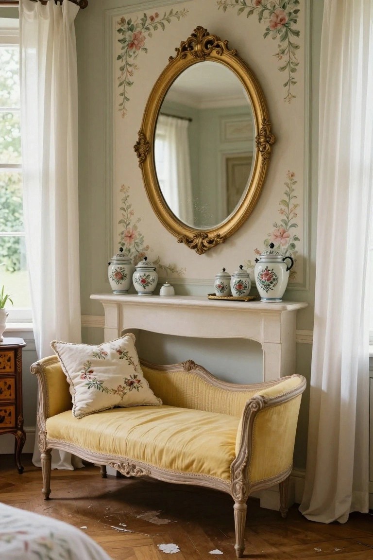 Pastel green bedroom corner with ornate gold oval mirror on floral wall, white stone fireplace mantel holding blue and white porcelain vases and jars, yellow upholstered chaise longue nearby, white curtains at window, wooden parquet floor.