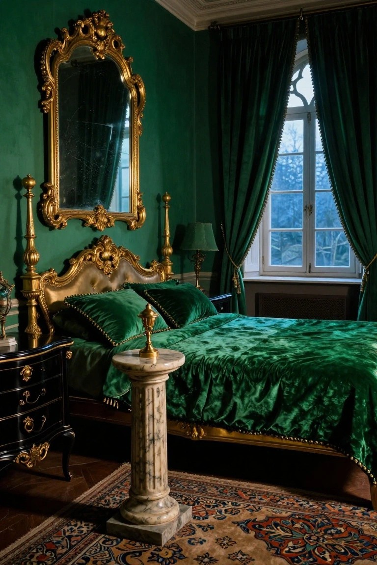 Emerald green bedroom with ornate gold Rococo bedframe and headboard, matching pillows and duvet, large gold mirror, green velvet curtains on window, marble pedestal table, black dresser, and patterned rug on wood floor.