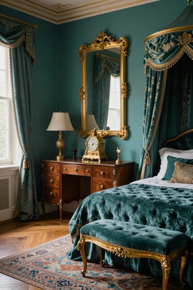 Teal green bedroom interior with emerald green velvet canopy bed, gold ornate mirror over wooden desk with gold clock, matching green velvet footstool, and patterned rug on parquet floor.