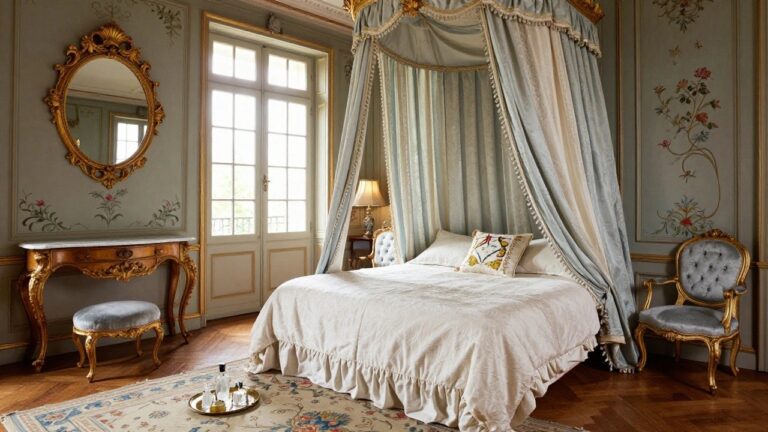 22 Rococo Bedroom Ideas A bedroom interior with a large ornate gilded four-poster canopy bed draped in blue fabric, flanked by gold furniture, a mirror, and lamps on pastel green walls with floral motifs and a patterned rug on wood floors.