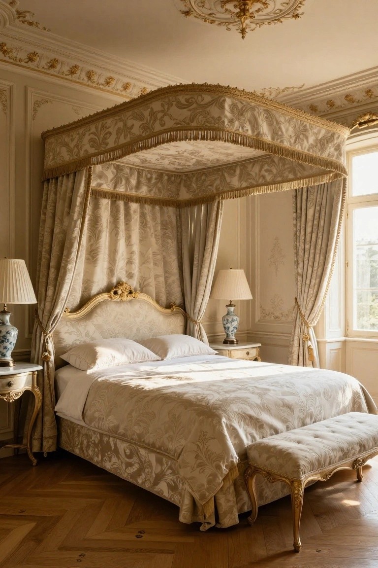 A bedroom with a large four-poster canopy bed featuring gold-trimmed cream drapes and carved headboard, flanked by nightstands with lamps, a bench at the foot, and sheer window curtains over parquet flooring.