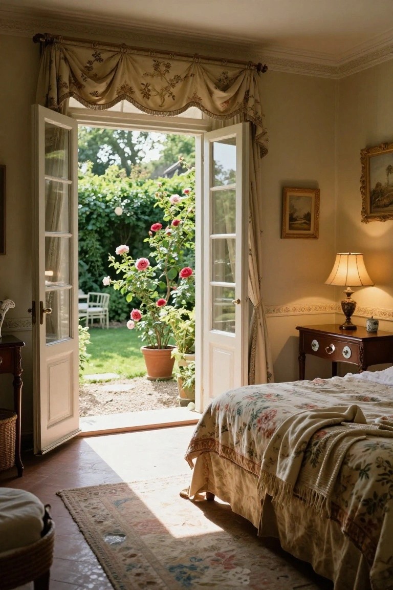 A cozy bedroom with a floral-covered bed, open French doors to a garden featuring rose bushes and lawn, wooden furniture, lamp, and rug on terracotta floor