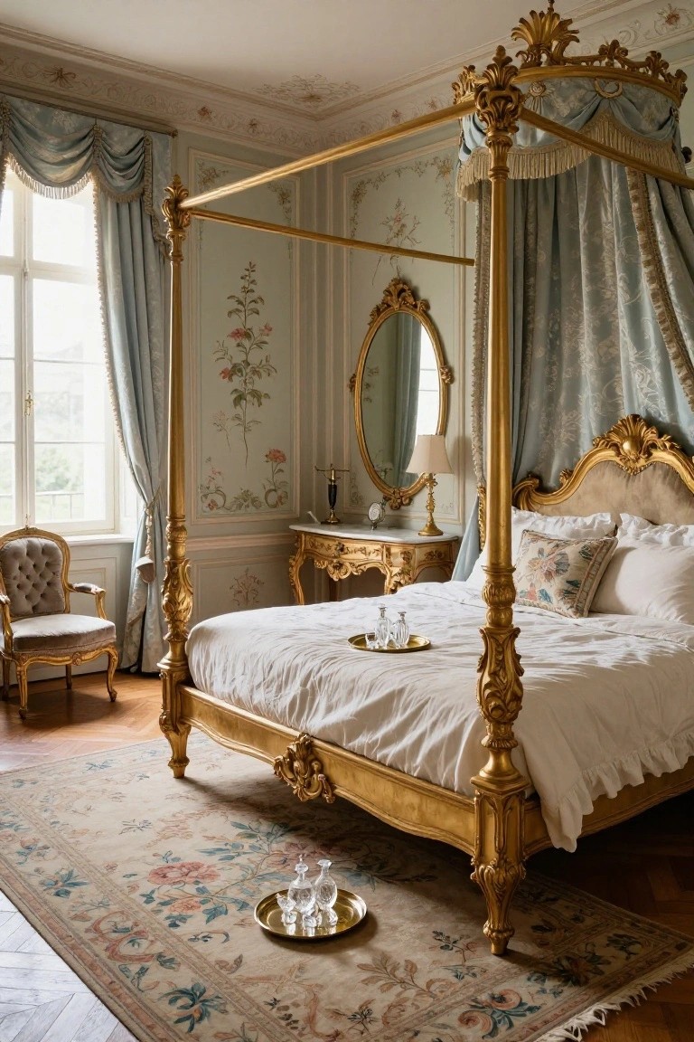 A bedroom interior with a large ornate gilded four-poster canopy bed draped in blue fabric, flanked by gold furniture, a mirror, and lamps on pastel green walls with floral motifs and a patterned rug on wood floors.