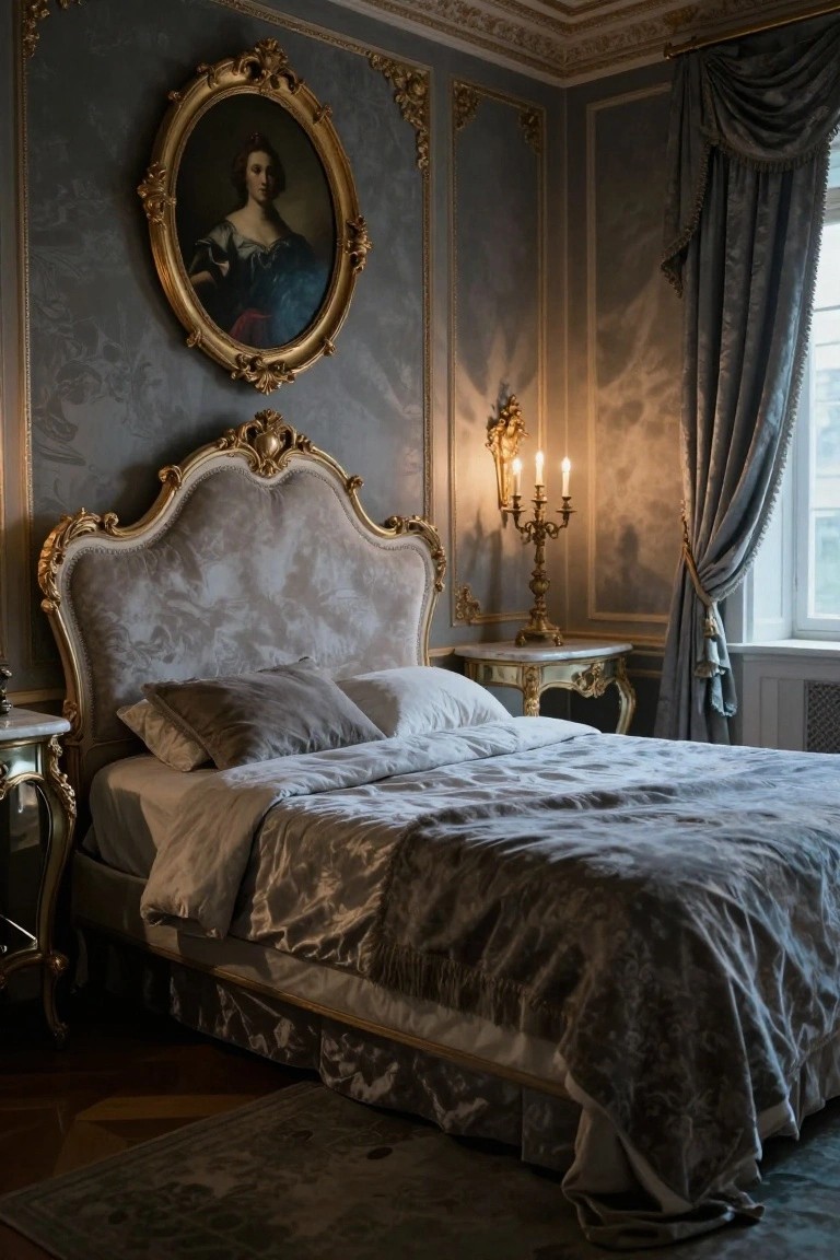 Ornate gray upholstered bed headboard with gold rococo carving in a gray-walled bedroom featuring an oval portrait, candelabras on nightstands, draped curtains, and parquet floor.