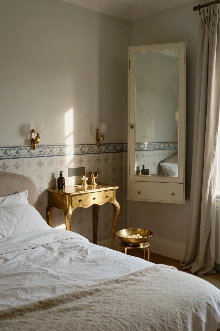 Corner of a bedroom with pale gray walls, blue and white tiled wainscot, paired gold wall sconces, open white mirror cabinet, gold cabriole-leg vanity table beside tufted white bed, brass bowl on stand holding popcorn kernels, and beige linen curtain.