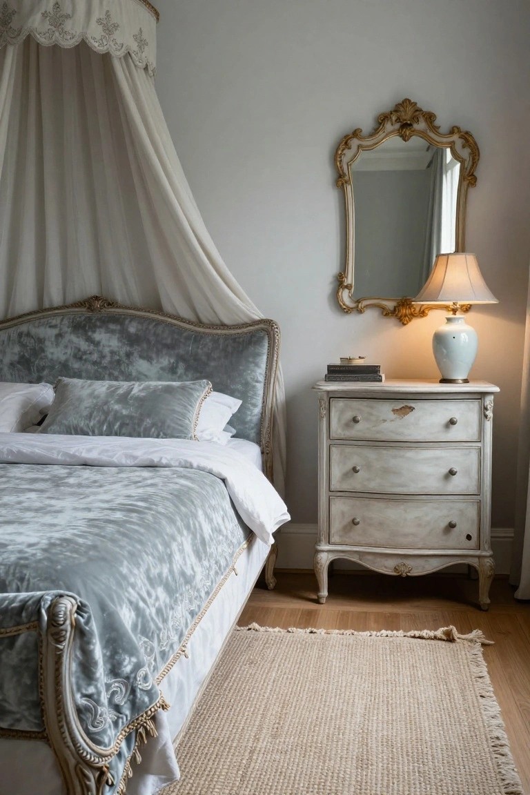 Light gray velvet upholstered canopy bed with ornate gilded frame and sheer white drapes in a bedroom with white dresser, gilded mirror, lamp, vase, and rug on wood floor.