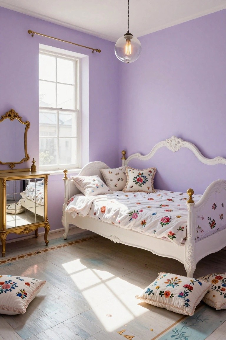 A bedroom with lavender walls, white ornate daybed with floral embroidered bedding and pillows, gold-accented mirror and side table near a window with light wood floors.