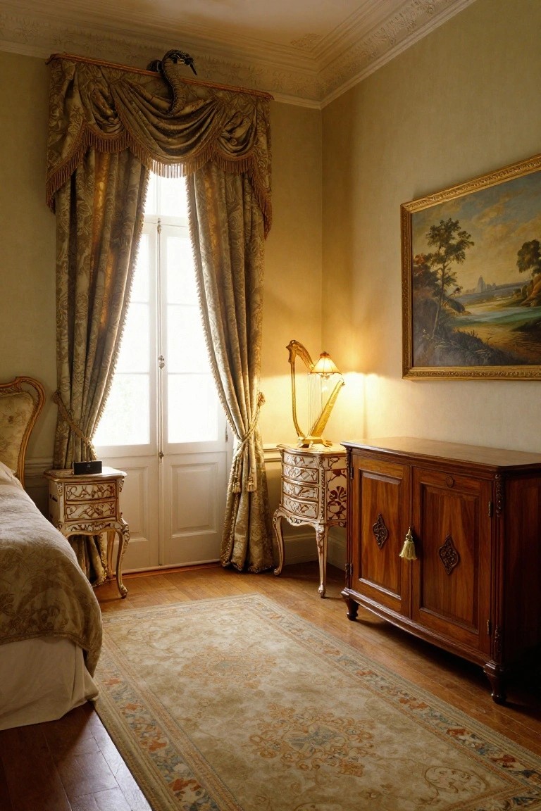 Corner view of a bedroom with a upholstered bed, two ornate nightstands, heavy gold-trimmed draped curtains on tall French doors, a landscape painting on the wall, two harp lamps, a wooden cabinet, and a patterned rug on hardwood floors.