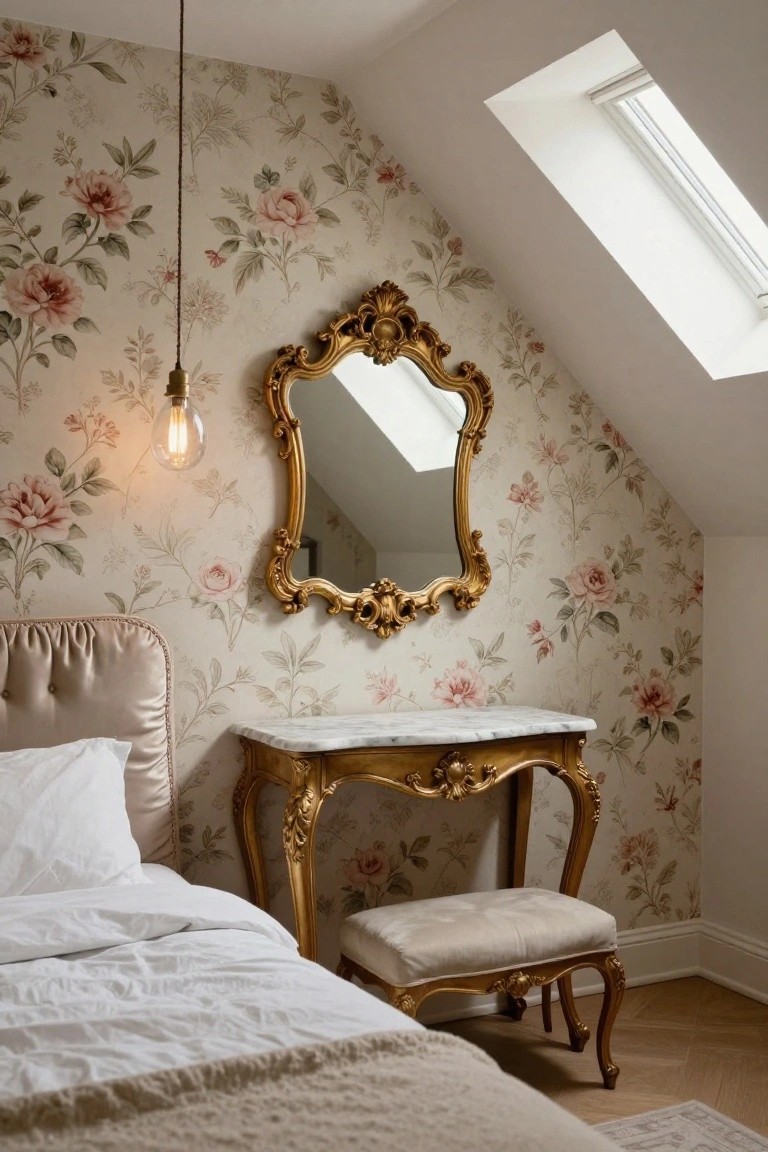Attic bedroom with pale pink floral wallpaper on sloped walls, tufted upholstered bed with white bedding, ornate gilded vanity table with marble top and matching stool, large gold-framed mirror, pendant light, and skylight.