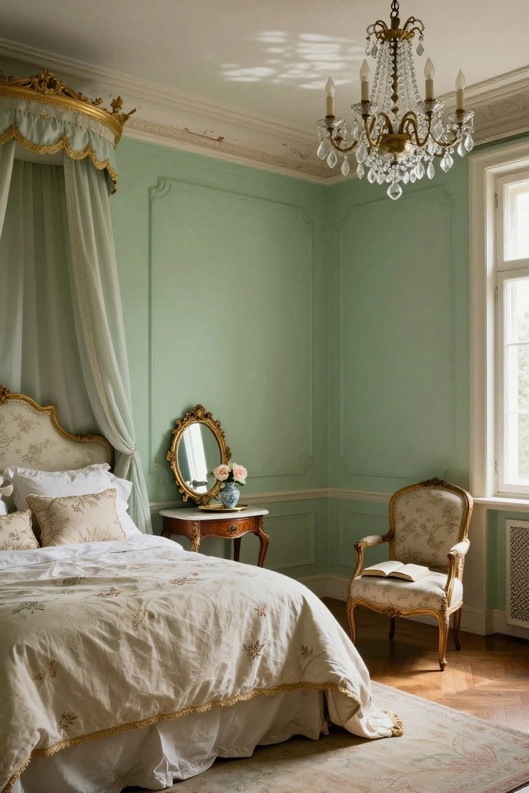 Elegant mint-green bedroom with canopy bed, crystal chandelier, and antique furnishings.
