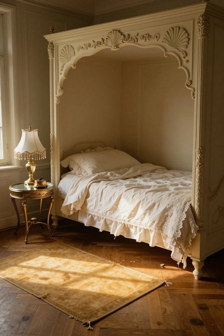 Cream-colored Rococo-style arched wooden bed alcove with white ruffled bedding, gold-accented lamp and table beside it, on parquet floor with a rug in a sunlit bedroom.