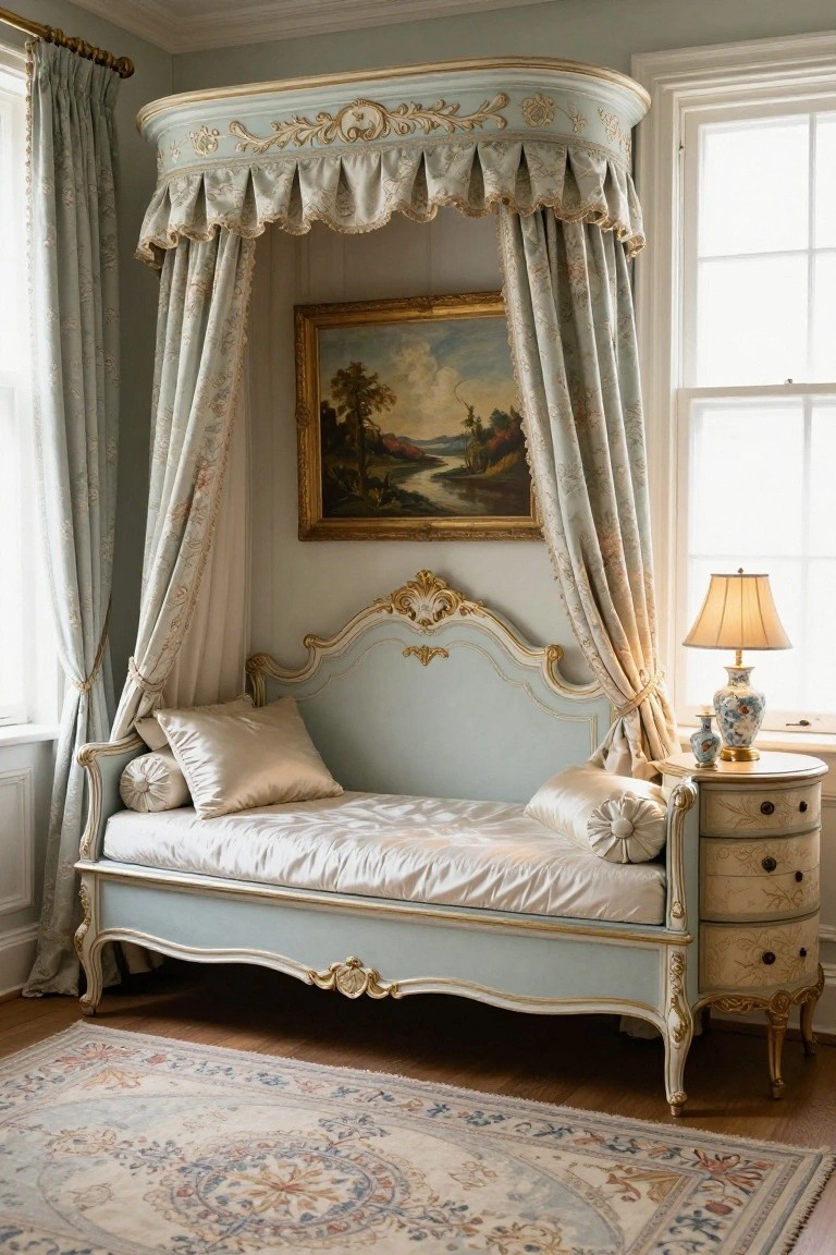 Light blue Rococo-style canopied chaise lounge with gold accents and sheer drapes in a bedroom corner, next to a side table with lamp and vase, landscape painting on wall, and patterned rug on wood floor.