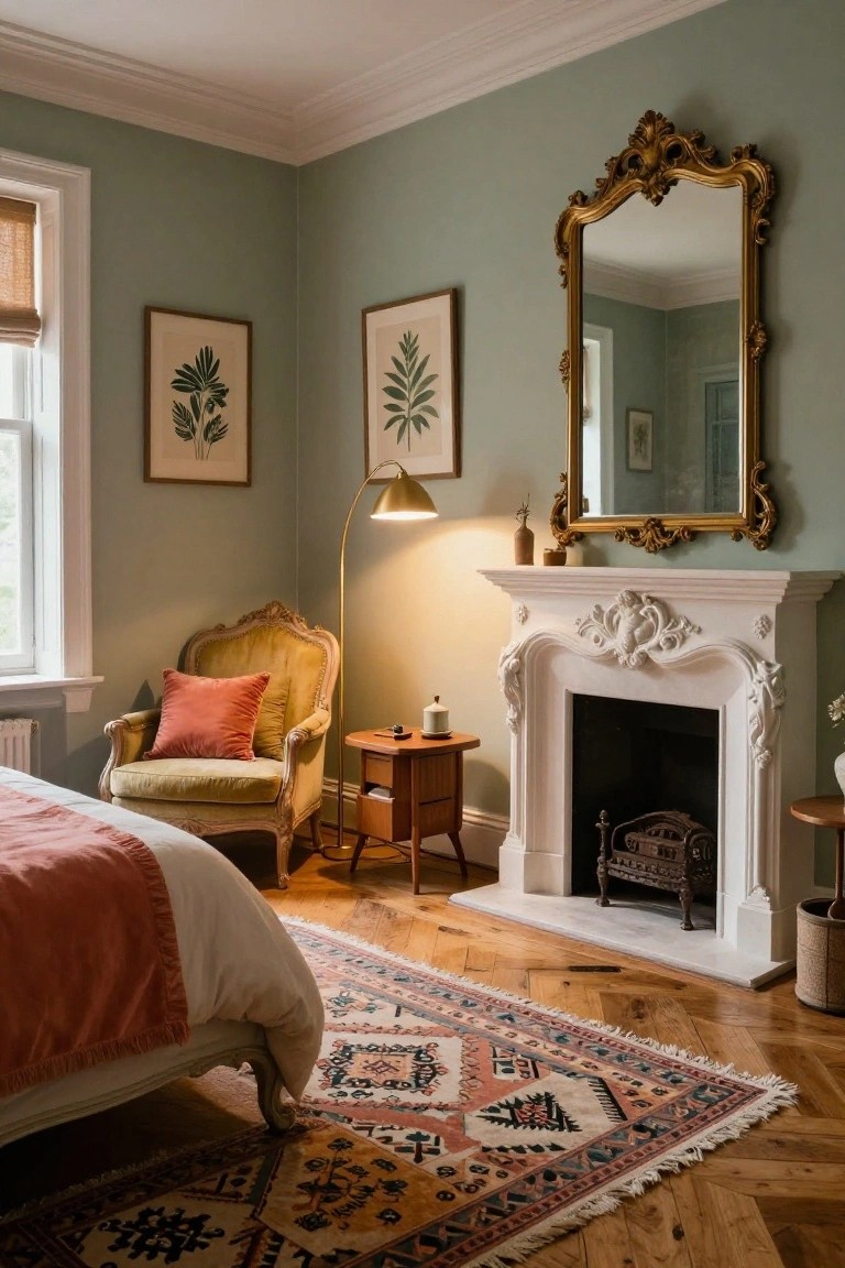 Sage green bedroom corner with white Rococo-style carved fireplace mantel, gilded ornate mirror above, yellow velvet armchair with pink cushion, arched floor lamp, and bed with pink throw on herringbone hardwood floors.