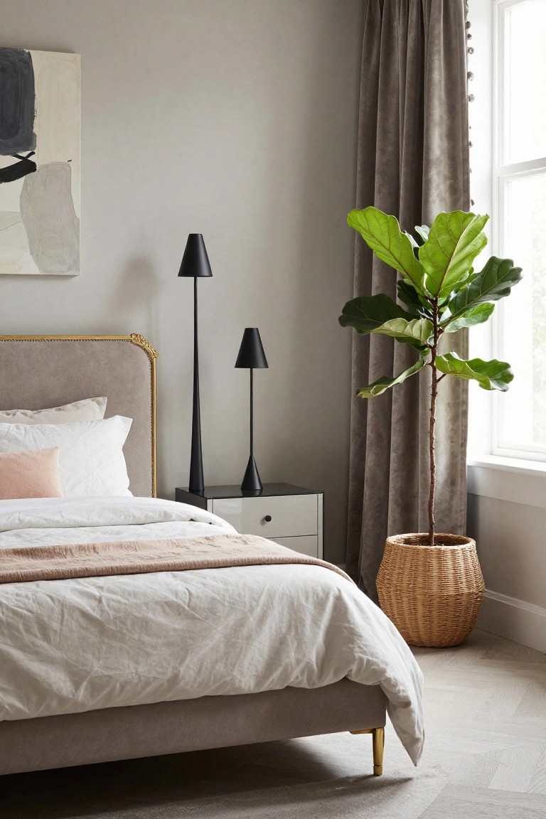 Corner view of a bedroom with a gray upholstered bed featuring a gold ornate headboard, two black cone lamps on a white nightstand, a large fiddle leaf fig plant in a woven basket, abstract wall art, and gray curtains on a window.
