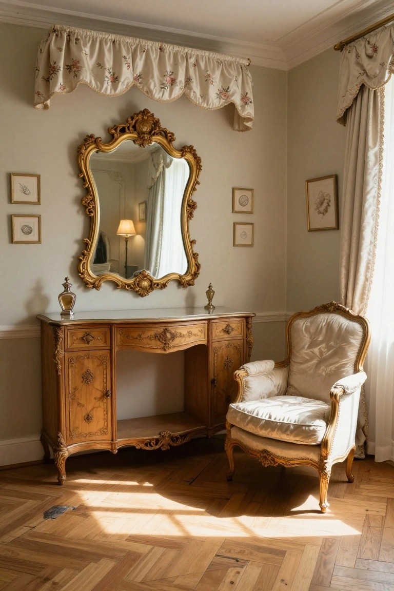 Corner of a bedroom with ornate gilded mirror above wooden vanity table with drawers, flanked by perfume bottles and candleholder, small framed artworks on pale green walls, upholstered armchair nearby, sheer floral curtains, and parquet wood floor.