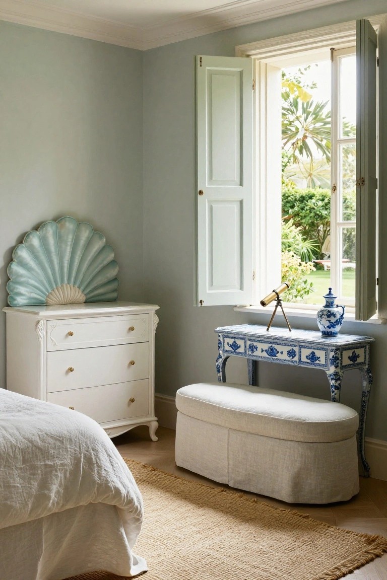 Bedroom with pale sage green walls, white linen bed, ornate white dresser topped by a large turquoise scallop shell wall hanging, blue-and-white chinoiserie console table with vase and brass telescope beside open green shutters showing tropical garden view.