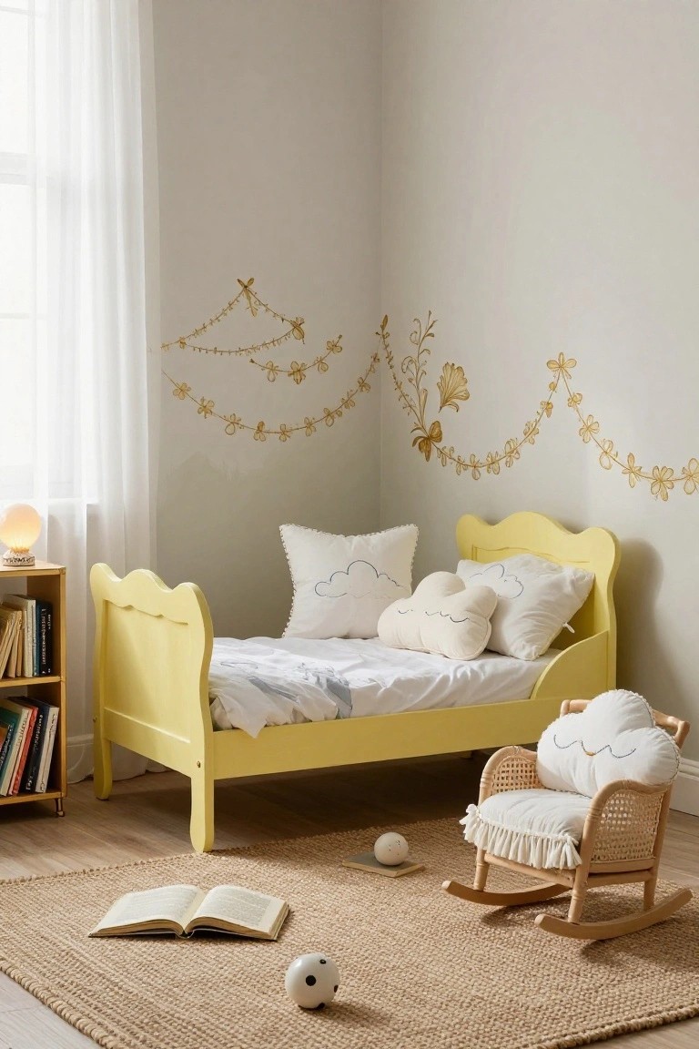 Pale yellow scalloped wooden toddler bed with white cloud-patterned pillows and bedding in a light gray nursery room with gold vine and flower wall decals, rattan rocking chair, bookshelf, lamp, open book, ball, and seagrass rug on hardwood floor.