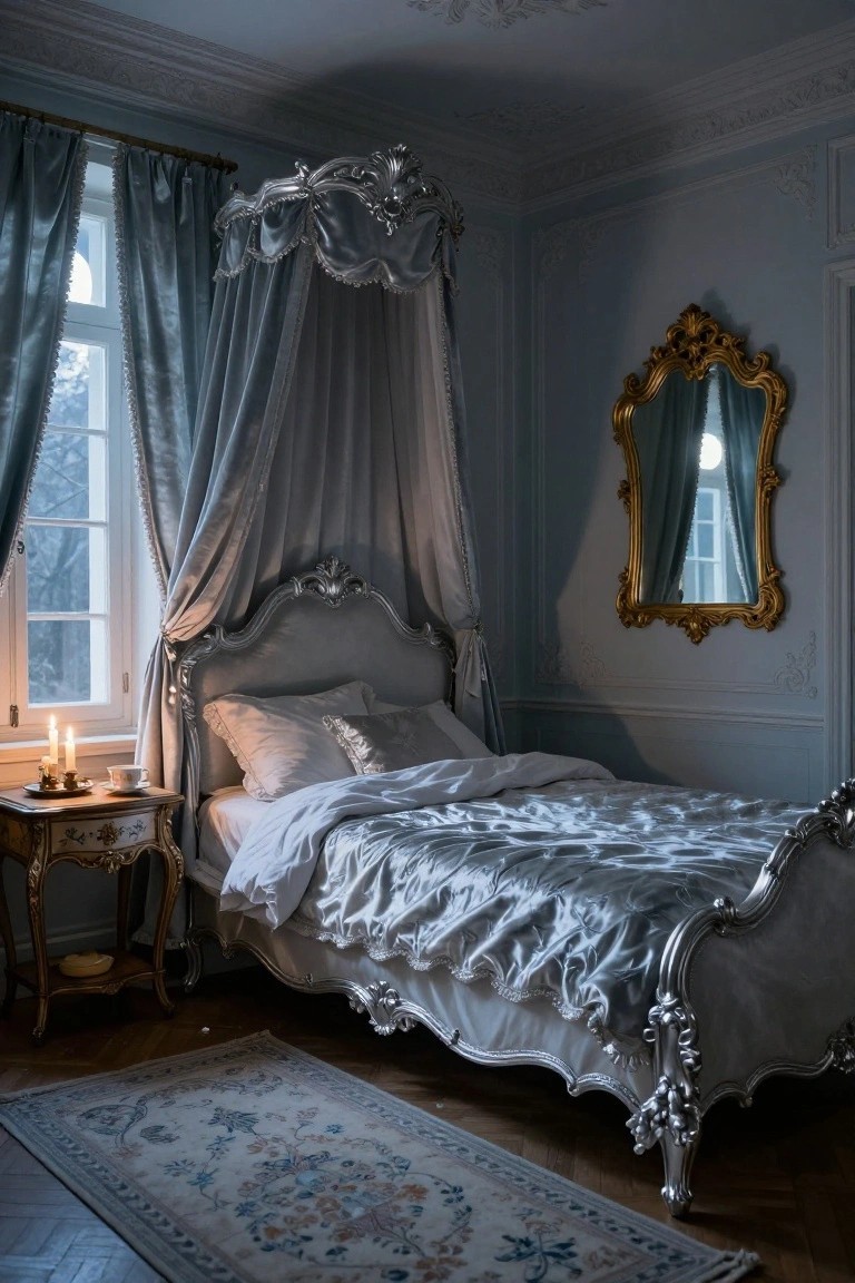 A dimly lit bedroom with pale blue walls and moldings, featuring a large ornate silver canopy bed with white and silver bedding, blue velvet curtains on the window, a gold-framed mirror opposite, and a candlelit wooden side table.