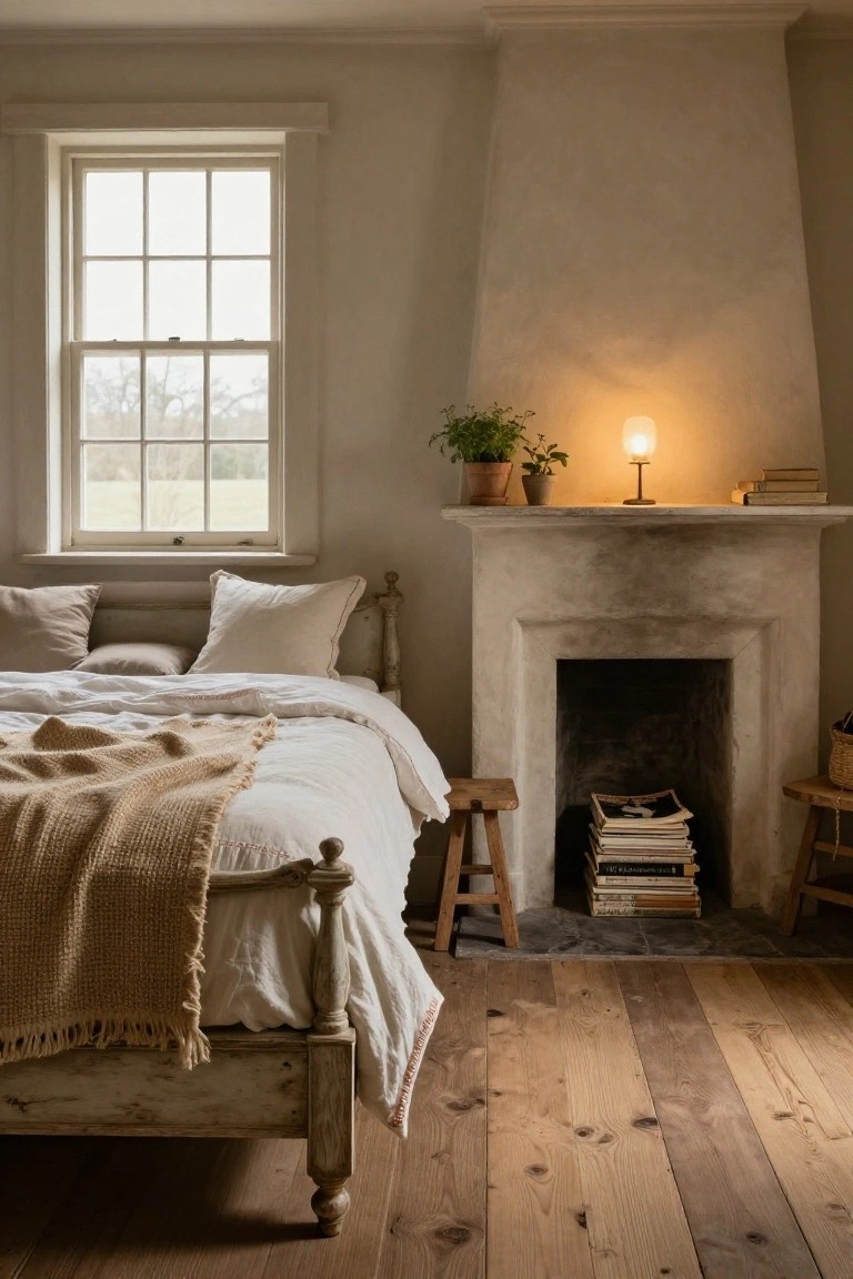 Bedroom with a tall rough stone and plaster fireplace on one wall, a white wooden bed with beige linen bedding and knit throw nearby, wooden stools, stack of books and lamp on mantel, potted plant, window showing trees outside, and wide plank wood floors.