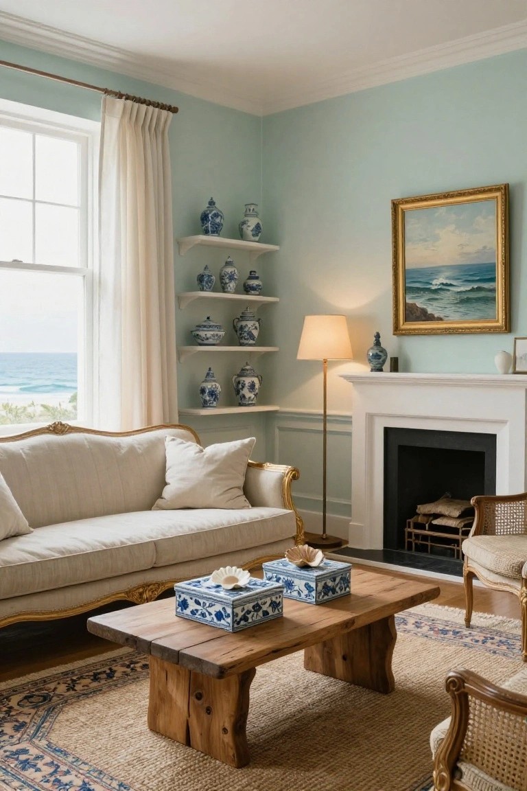 Light seafoam green living room with cream curved sofa, blue and white porcelain vases on wall shelves, matching boxes and shell on wood coffee table, floor lamp, fireplace, and window overlooking ocean.