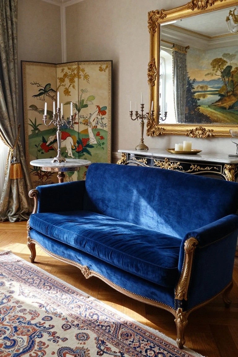 A Rococo living room with a blue velvet sofa, marble-topped pedestal table holding a candelabra, gold-framed mirror over a gilded console table, Japanese folding screen, and landscape mural on the wall.