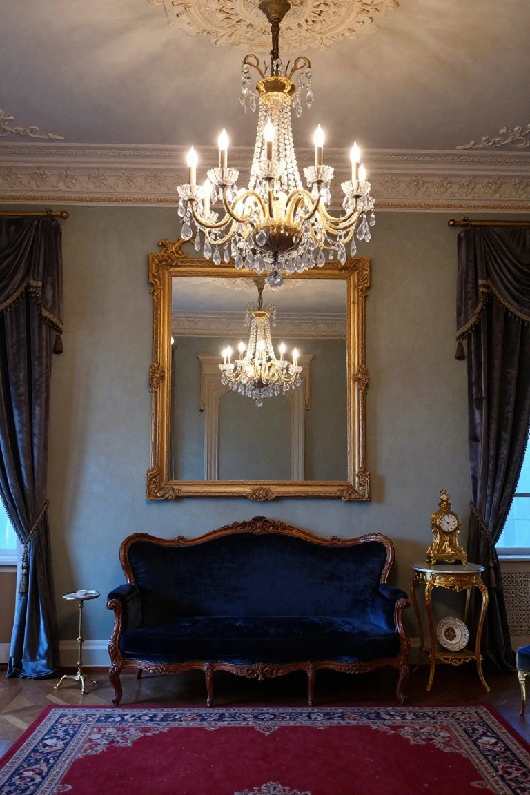 Rococo living room with crystal chandelier reflected in large gold-framed mirror above blue velvet sofa on red rug flanked by drapes and side tables.
