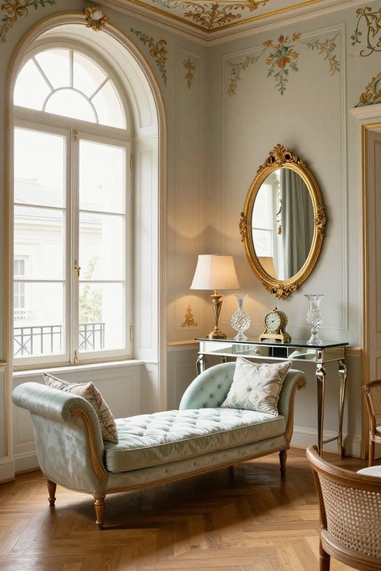 Corner of a pale room featuring a pale green tufted chaise lounge positioned by a large arched window, with a gold console table holding vases and a clock, a large gold-framed oval mirror above it, and a cane chair nearby on wood parquet flooring.