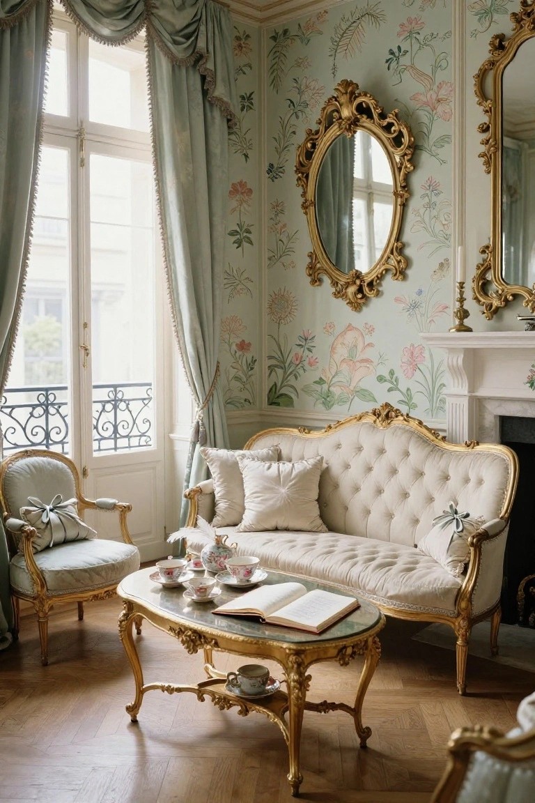 A Rococo-style living room with cream tufted settee and armchairs featuring gilded wood frames, a matching oval coffee table set with teacups and teapot, floral wallpaper on pale green walls, ornate gold mirrors, and large French windows with turquoise drapes.
