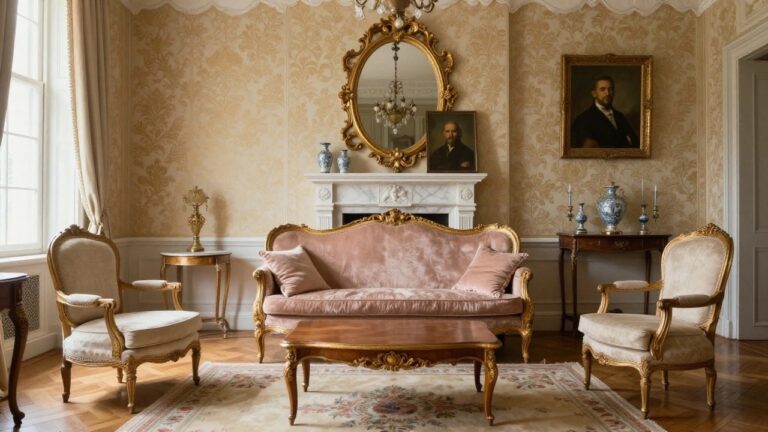 A luxurious Rococo living room with a peach velvet tufted sofa and matching armchairs on gilded frames, low wood coffee table, marble fireplace topped by ornate gold mirror and portrait painting, gold damask wallpaper, and heavy drapes at tall windows.