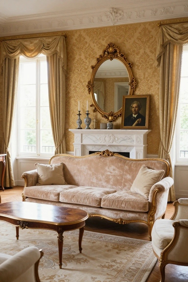 A luxurious Rococo living room with a peach velvet tufted sofa and matching armchairs on gilded frames, low wood coffee table, marble fireplace topped by ornate gold mirror and portrait painting, gold damask wallpaper, and heavy drapes at tall windows.