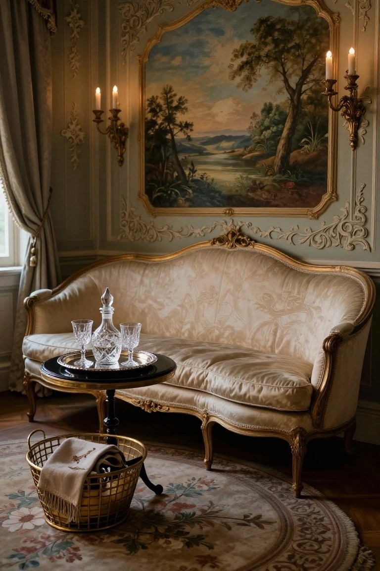 Cream upholstered Rococo sofa with gilded frame and cabriole legs in a room featuring ornate wall painting of landscape, candle sconces, round table with crystal decanter and glasses, and woven basket on patterned rug.