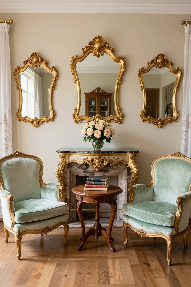 A beige-walled living room with three large ornate gold-framed mirrors above a black marble fireplace mantel holding pink roses in a glass vase, flanked by two mint green velvet armchairs and a wooden side table on parquet wood flooring.