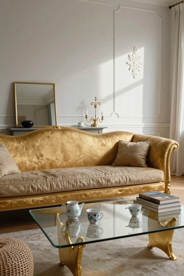 Living room with a curved gold-upholstered Rococo sofa, beige cushions, glass coffee table with white porcelain teapot and cups, gold candelabrum on a side table, gold-framed mirror, white paneled walls, and woven pouf on a light rug.