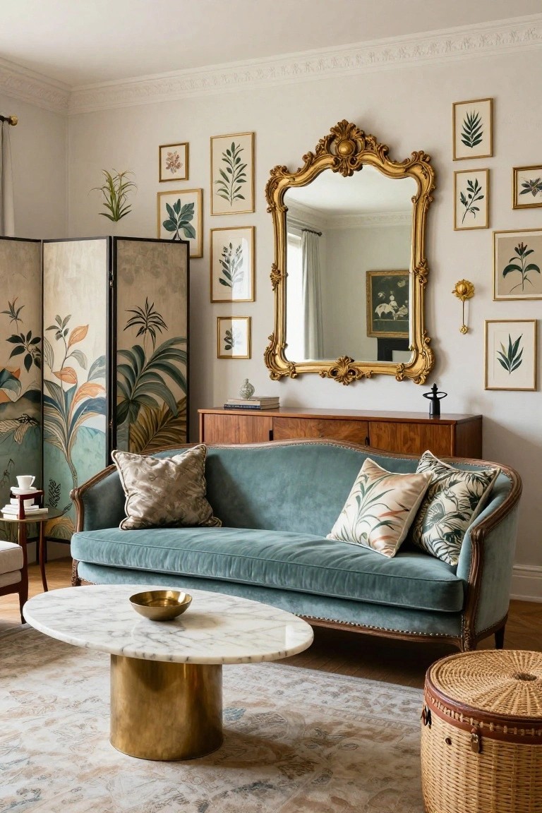 Living room interior with turquoise velvet curved sofa, large ornate gold mirror above wooden credenza, multiple botanical prints on white walls, chinoiserie folding screen, and brass coffee table on patterned rug.