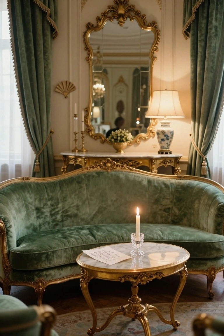 A Rococo-style living room with a curved emerald green velvet sofa, gold gilt table holding a lit candle and paper, ornate gold mirror, and green velvet drapes.
