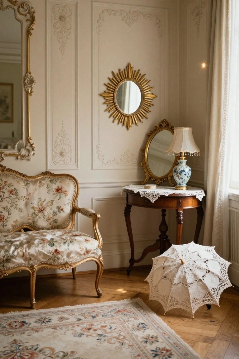 Corner of a light beige Rococo living room with gilded mirrors of varying shapes, floral-upholstered settee, wooden side table holding a lamp and blue vase, lace parasol, and patterned rug on parquet flooring.