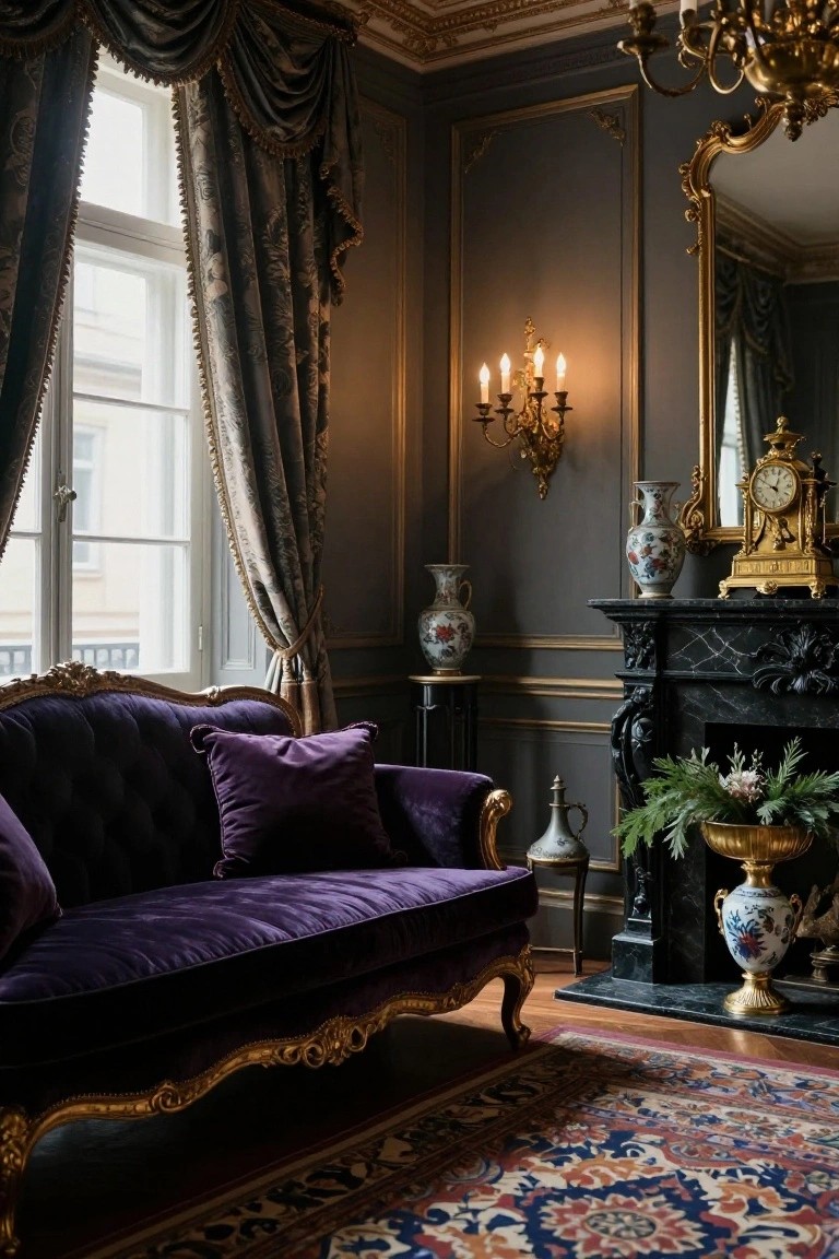 Rococo-style living room interior with a tufted purple velvet sofa in front of a black marble fireplace, flanked by porcelain vases, gold mirror, wall sconces, heavy blue drapes on tall windows, and ornate chandelier.