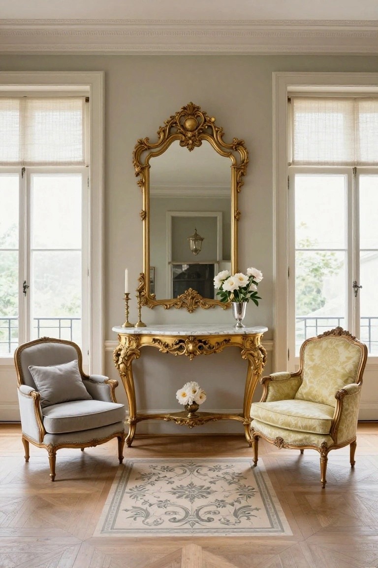 Elegant interior with large ornate gold mirror over matching gold console table with white marble top, flanked by gray and pale green upholstered armchairs, white flowers on table, between two tall curtained windows in light gray room with parquet floor.