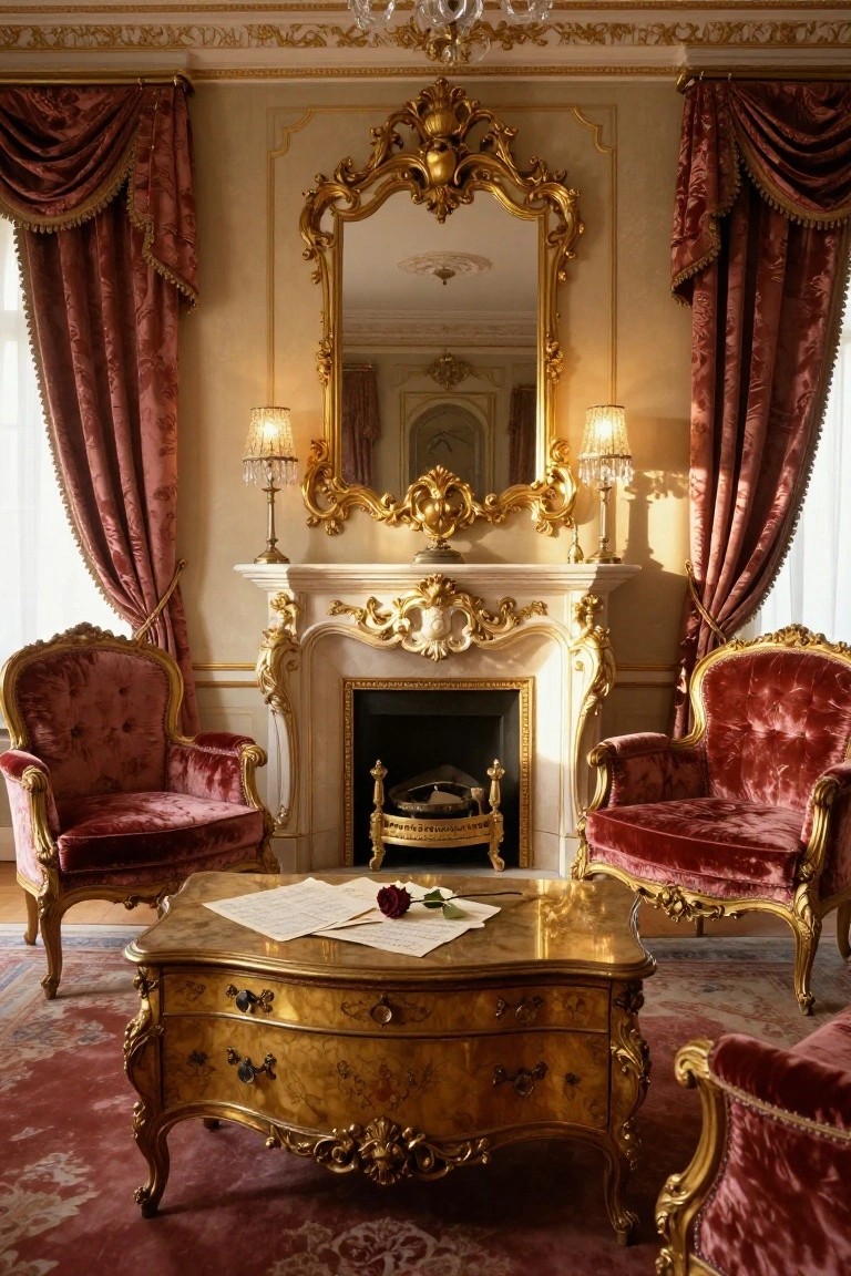 A Rococo-style living room with two red velvet armchairs flanking a gilded bombé coffee table holding papers and a red rose, in front of a carved white marble fireplace under a large ornate gold mirror, with crimson drapes and table lamps on either side.