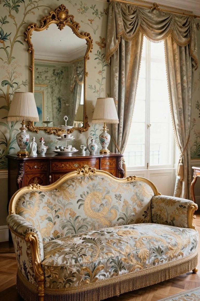 A living room with an ornate gold-framed sofa upholstered in cream fabric with floral and bird motifs, beside a wooden credenza holding porcelain vases and figurines, a large gold mirror, lamps, and draped windows against patterned green walls.