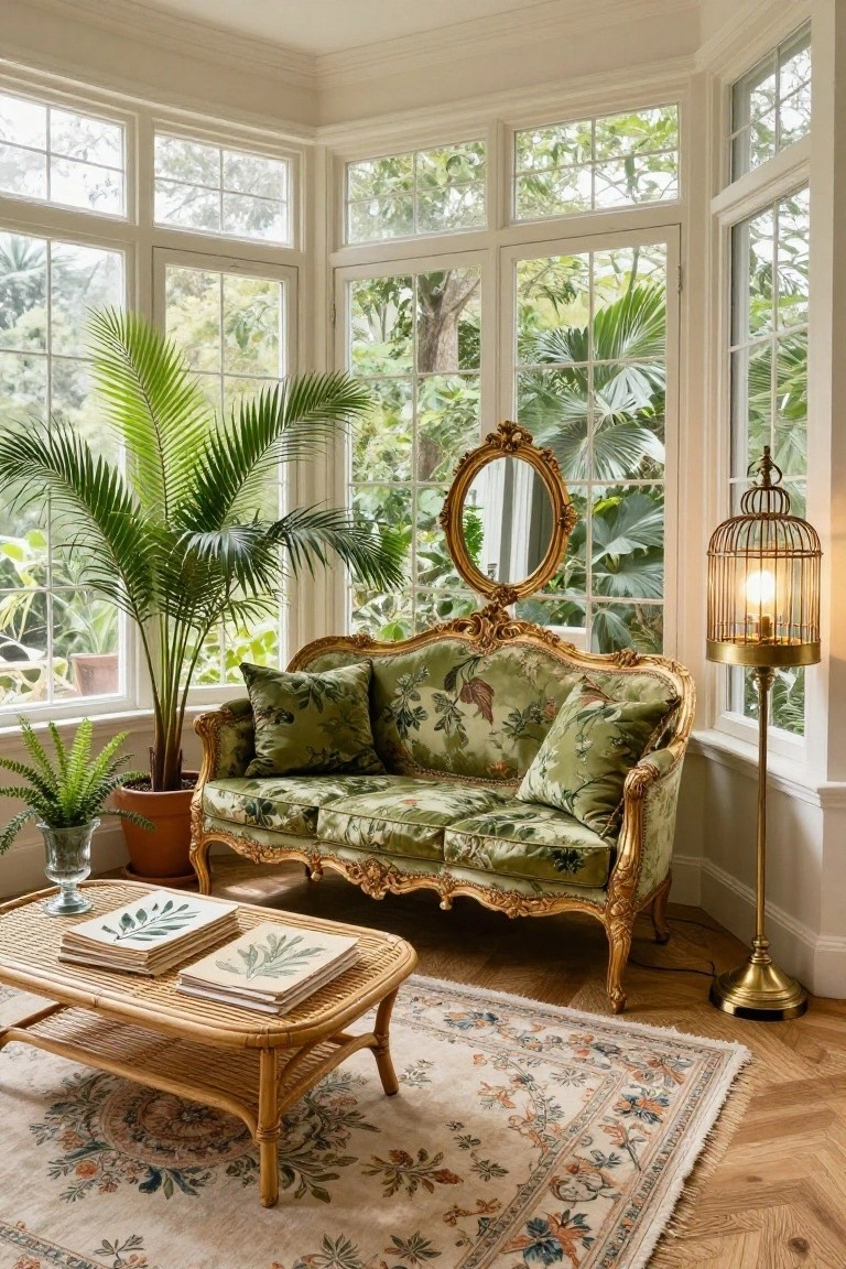 A green floral Rococo-style loveseat with gilded frame in a sunlit bay window room filled with potted palms and ferns, next to a rattan coffee table, ornate mirror, birdcage lamp, and patterned rug on wood floors.