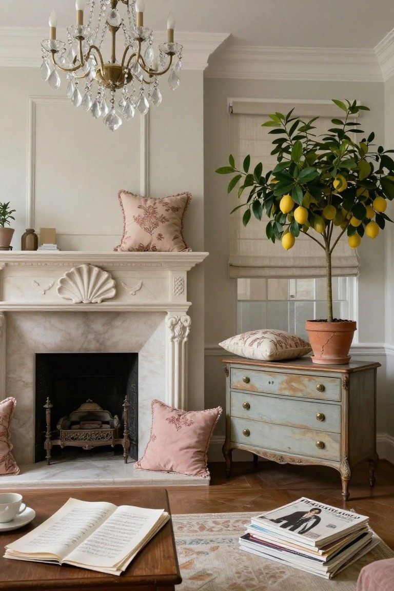 Living room with white marble fireplace featuring carved shell motif on mantel, crystal chandelier, lemon tree in terracotta pot next to window, blush pink cushions on floor and shelf, vintage blue dresser, wooden coffee table holding open book and magazine stack on patterned rug.