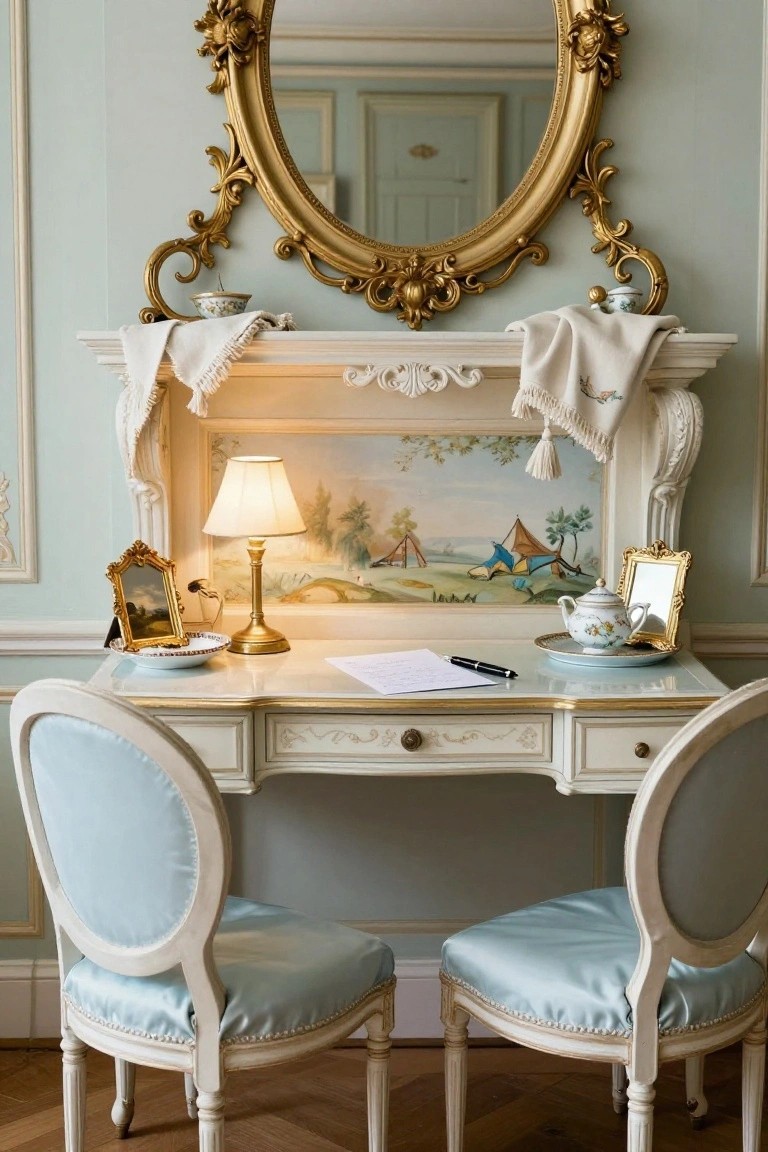 A pastel blue room with a white Rococo-style vanity desk, two matching blue upholstered chairs, large gilded oval mirror above, table lamp, teapot, and small frames on the marble-topped surface.