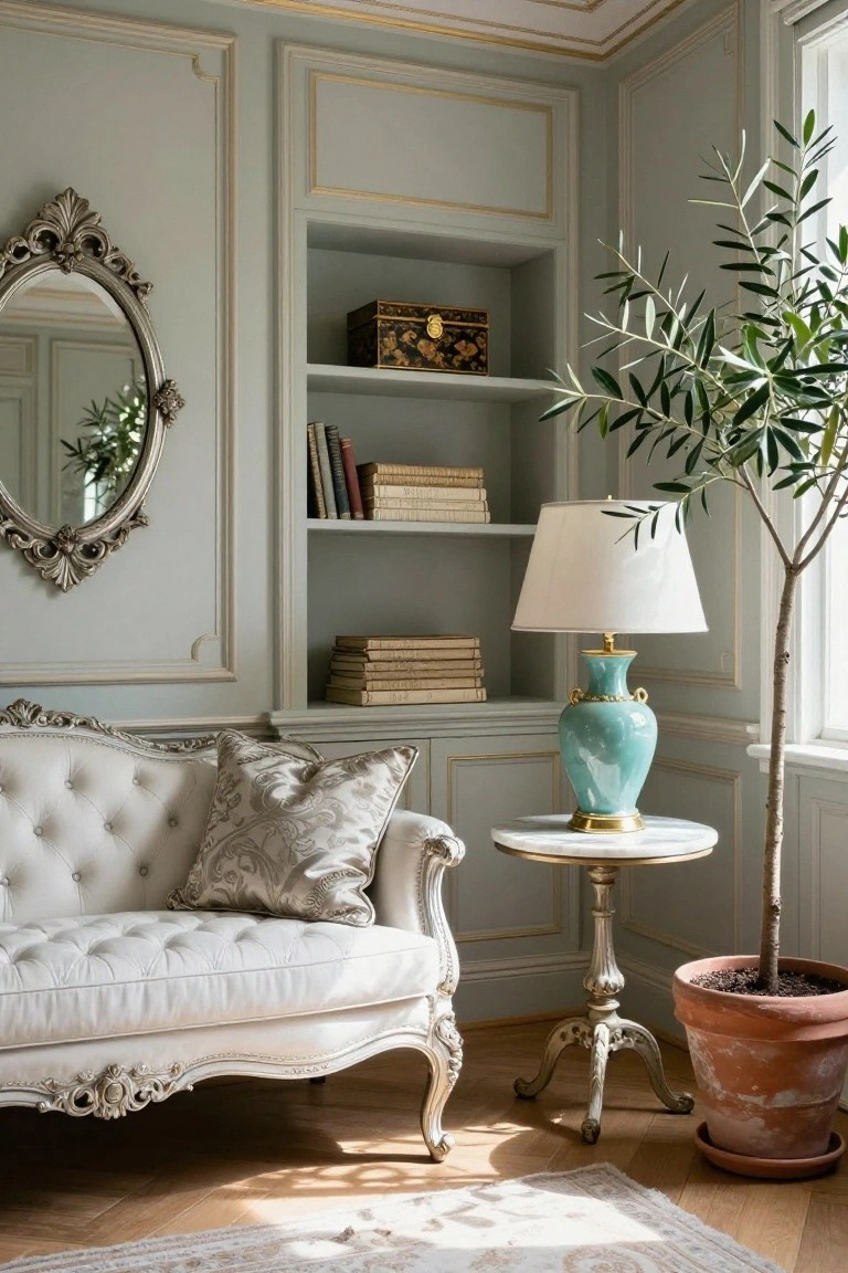 Corner of an elegant living room with pale green paneled walls and gold trim, ornate white tufted sofa, round marble-topped table with turquoise porcelain lamp, built-in wooden shelves holding books and a lacquered box, gold-framed oval mirror, and tall potted olive tree in terracotta pot on parquet floor.