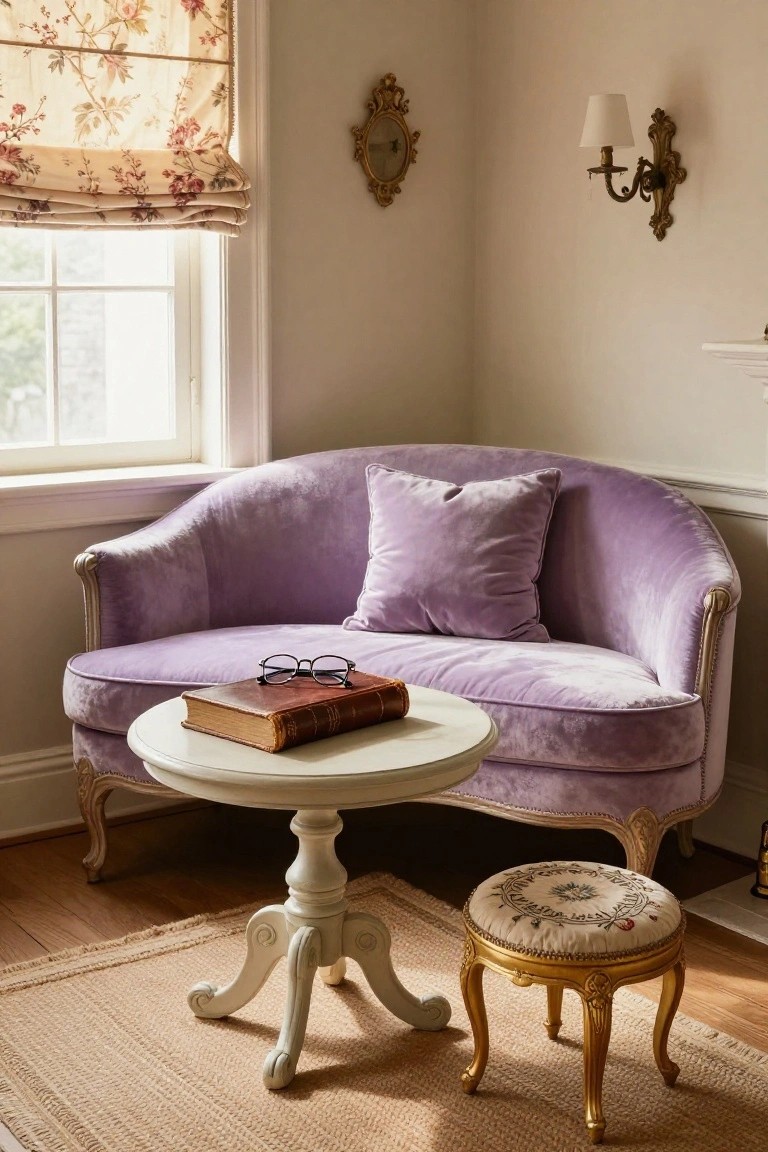 A sunlit interior corner with a purple velvet chaise lounge beside a white pedestal table holding a leather book and eyeglasses, a gold embroidered stool, floral roman shade on the window, ornate mirror and sconce on beige walls, and wood floor with rug.