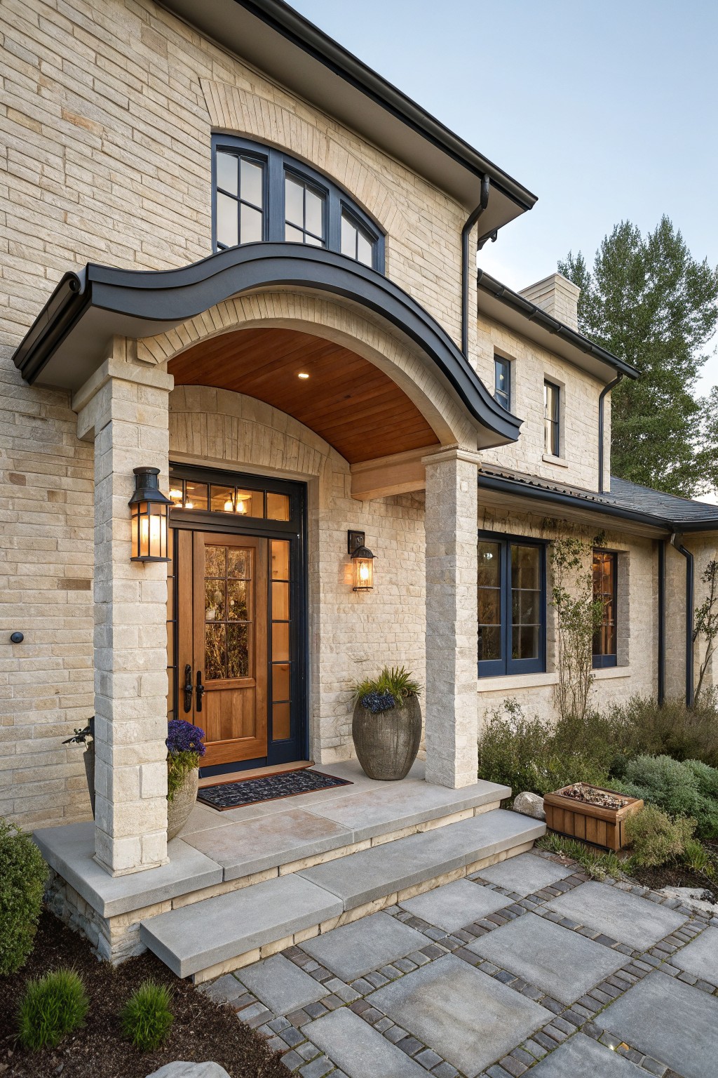 Front exterior of a beige brick house with an arched portico entry supported by stone pillars, wooden ceiling, glass-paneled wooden door, black-framed windows, wall lanterns, potted plants, stone steps, and a paved brick-pattern pathway.